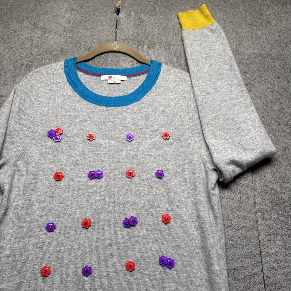 Boden 100% Cashmere Sweater Womens Large 3D Floral Applique Gray Colorful